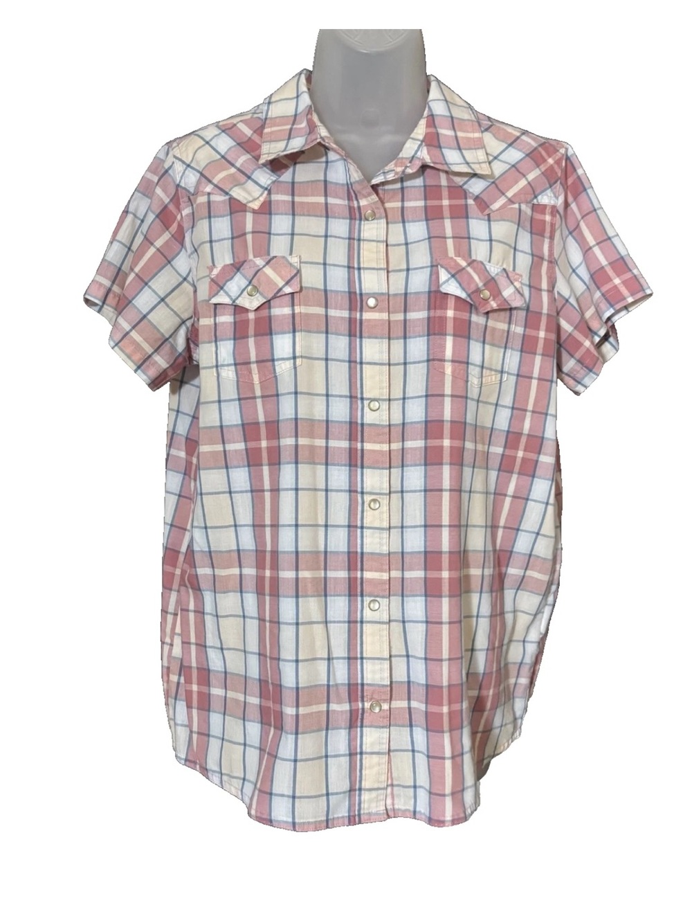 Wrangler Womens Large Wrancher Pearl Snap Western Top Rodeo Plaid Pink Blue